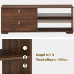 TV-Ständer Industrielles TV-Regal mit 2 Schubladen für Fernseher bis zu 55 Zoll Nussbaum
