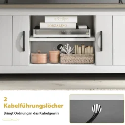 TV-Ständer mit 2 Türen & 2 Schränken & Offenen Regalen Fernsehtisch für Fernseher bis 65" Hellgrau