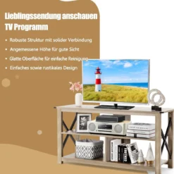 TV-Ständer 3 stöckiger mit offenen Regalen & Metall X-Rahmen industrieller Konsolentisch Grau