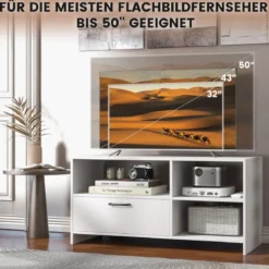 TV Ständer TV-Schrank für Fernseher mit offenen Fächern und Schublade 104,5 x 51,5 x 52 cmWeiß