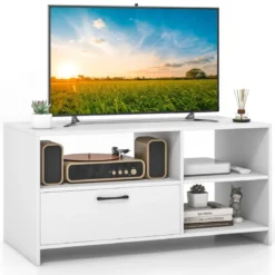 TV Ständer TV-Schrank für Fernseher mit offenen Fächern und Schublade 104,5 x 51,5 x 52 cmWeiß
