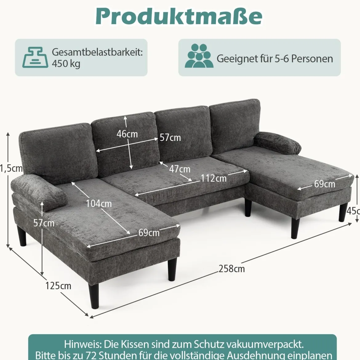 U-förmige Couch für 5-6 Sitzer Clound Ecksofa mit Bezug aus Cordstoff Modernes Schlafsofa Grau