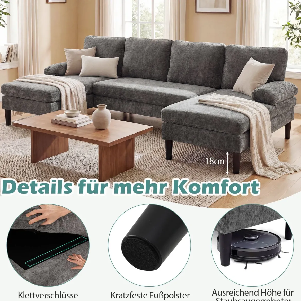 U-förmige Couch für 5-6 Sitzer Clound Ecksofa mit Bezug aus Cordstoff Modernes Schlafsofa Grau