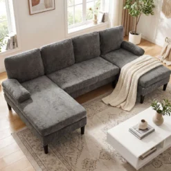U-förmige Couch für 5-6 Sitzer Clound Ecksofa mit Bezug aus Cordstoff Modernes Schlafsofa Grau