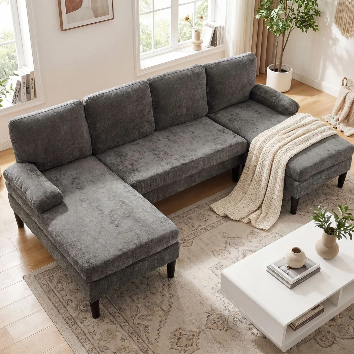 U-förmige Couch für 5-6 Sitzer Clound Ecksofa mit Bezug aus Cordstoff Modernes Schlafsofa Grau