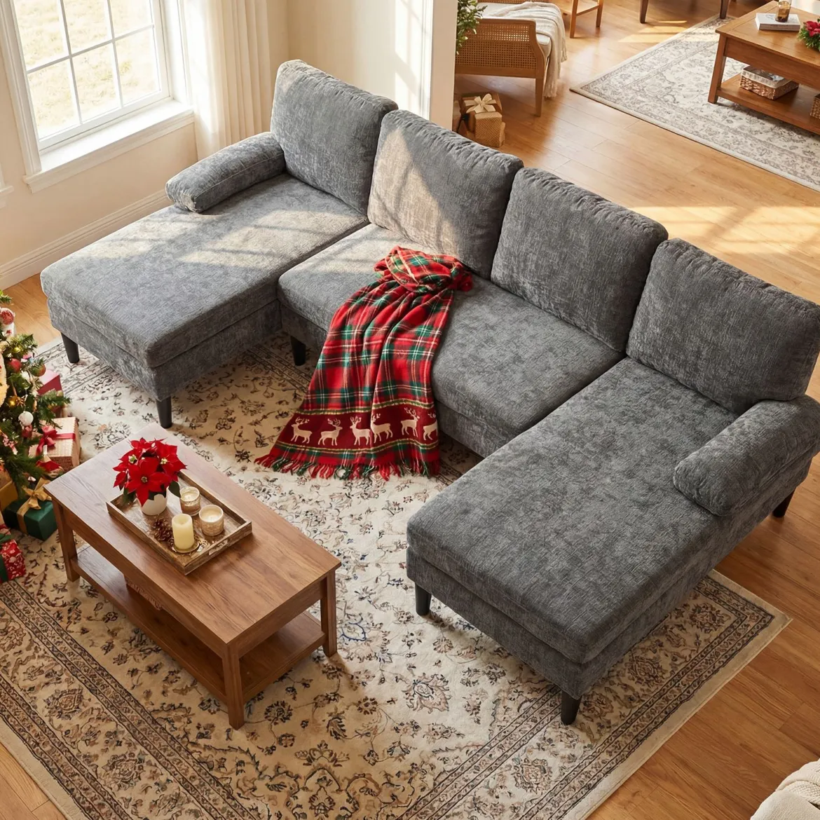 U-förmige Couch für 5-6 Sitzer Clound Ecksofa mit Bezug aus Cordstoff Modernes Schlafsofa Grau