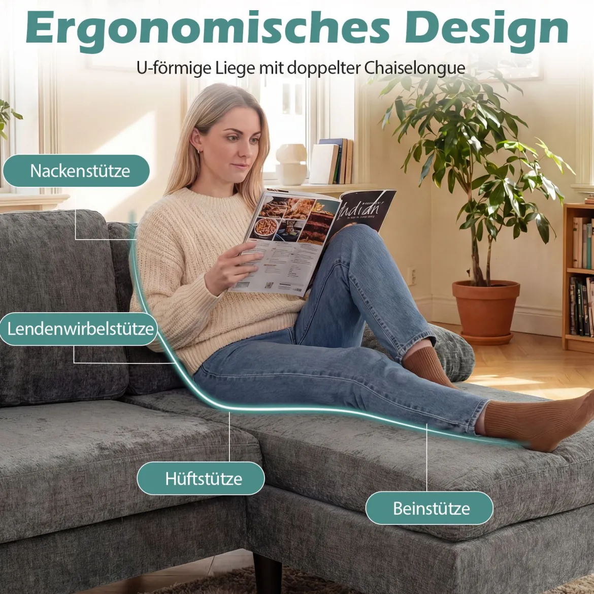U-förmige Couch für 5-6 Sitzer Clound Ecksofa mit Bezug aus Cordstoff Modernes Schlafsofa Grau