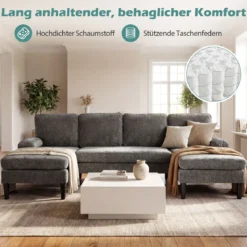 U-förmige Couch für 5-6 Sitzer Clound Ecksofa mit Bezug aus Cordstoff Modernes Schlafsofa Grau