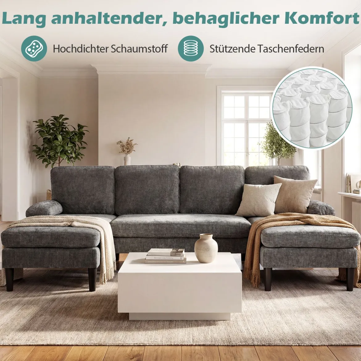 U-förmige Couch für 5-6 Sitzer Clound Ecksofa mit Bezug aus Cordstoff Modernes Schlafsofa Grau