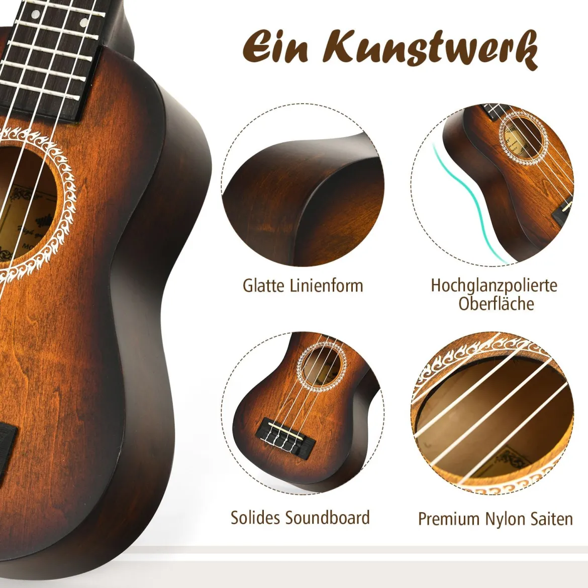 Ukulele Ukulelen-Set mit Tragetasche Gitarreninstrument 17,5 x 6 x 53 cm Braun
