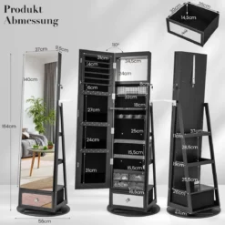 Um 360° drehbarer Schmuckschrank mit Ganzkörperspiegel abschließbarer Schmuckständer mit Haartrocknerständer Schwarz