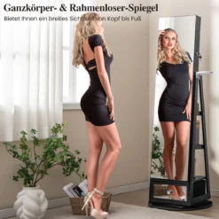 Um 360° drehbarer Schmuckschrank mit Ganzkörperspiegel abschließbarer Schmuckständer mit Haartrocknerständer Schwarz