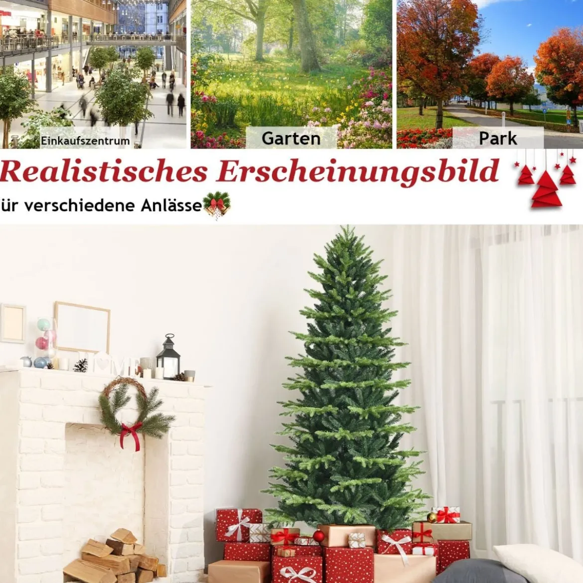 Unbeleuchteter Künstlicher Weihnachtsbaum mit 1462 PE- & PVC-Zweigen & Metallständer 180 cm
