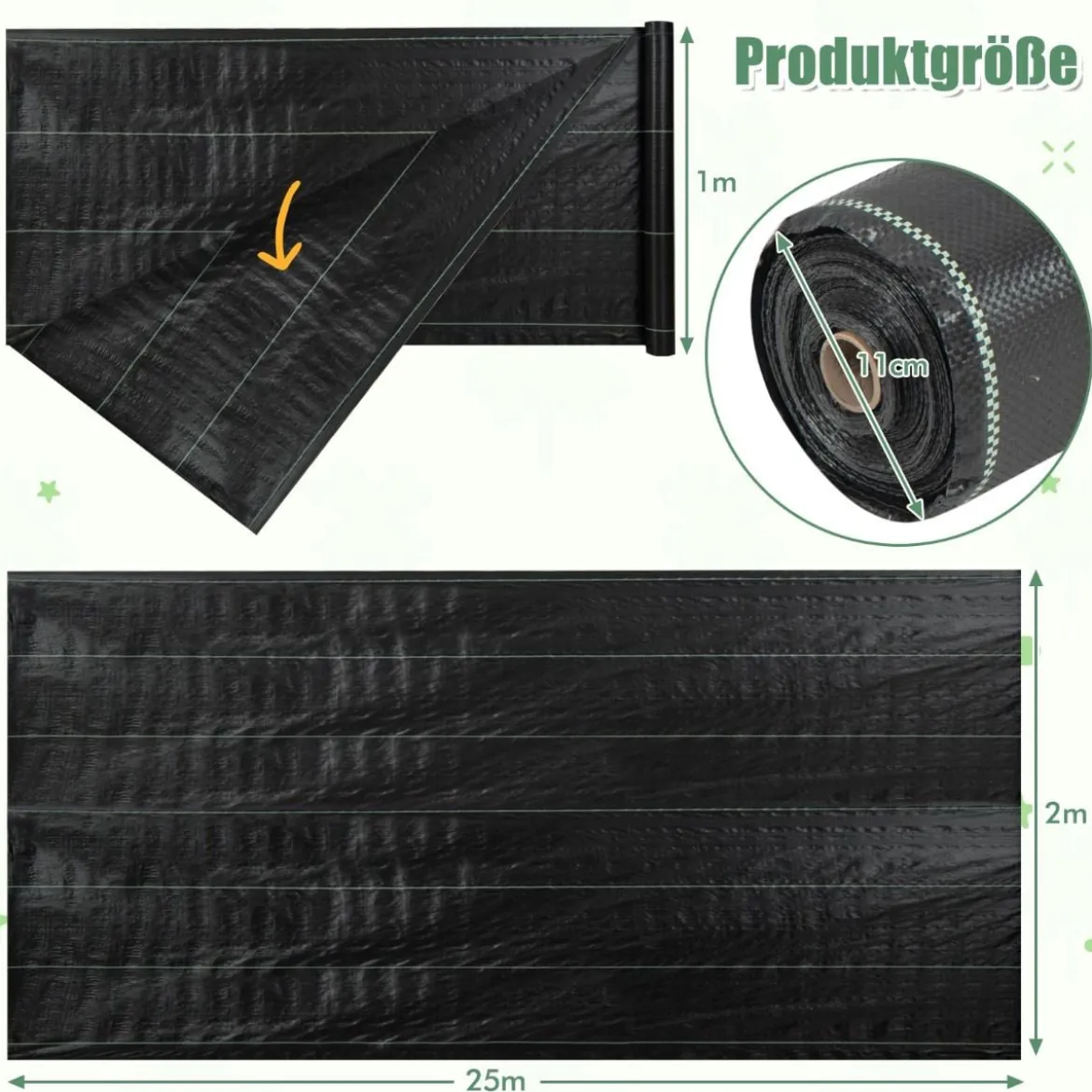 Unkrautvlies 50m² Gartenvlies gegen Unkraut Unkrautfolie PP Schwarz 25 x 2m-100 g/m²