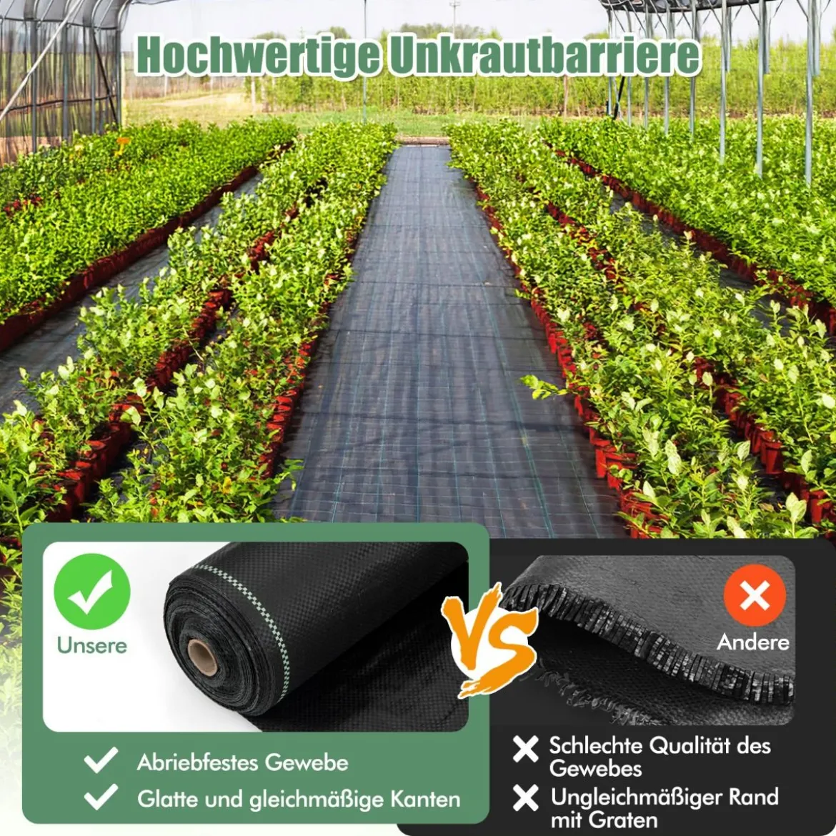 Unkrautvlies 50m² Gartenvlies gegen Unkraut Unkrautfolie PP Schwarz 25 x 2m-100 g/m²