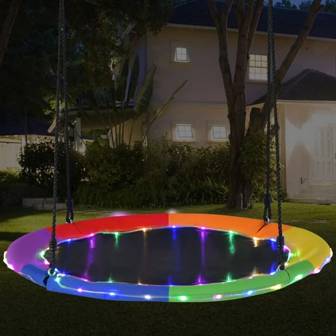 Untertassenschaukel mit 100 cm Durchmesser bis 300kg belastbar LED-Schaukel für Kinder & Erwachsene Regenbogenfarbe