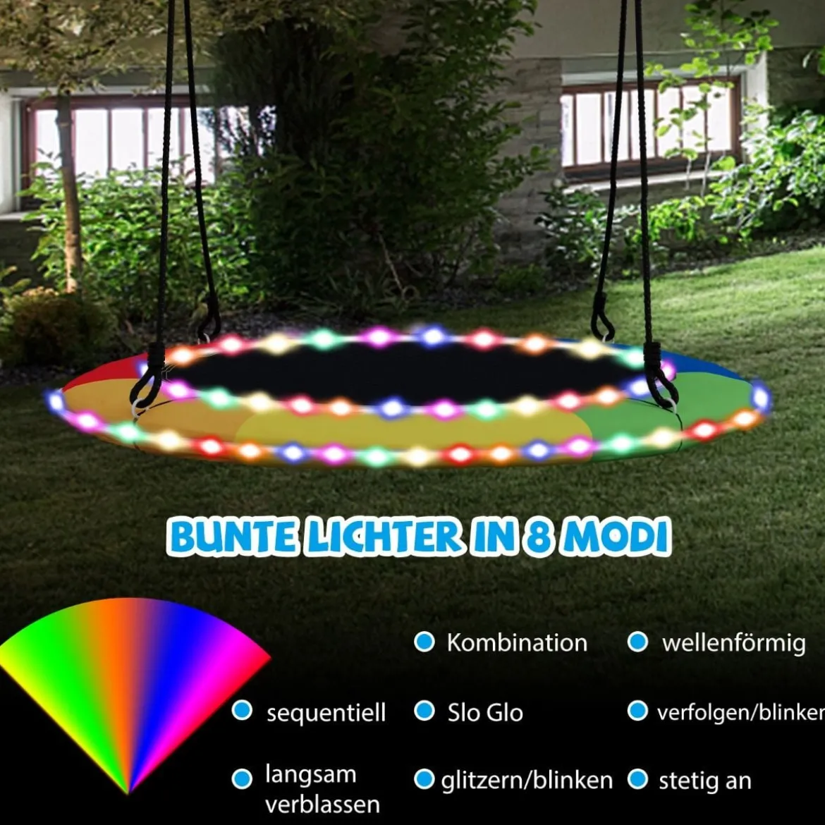 Untertassenschaukel mit 100 cm Durchmesser bis 300kg belastbar LED-Schaukel für Kinder & Erwachsene Regenbogenfarbe