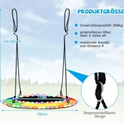 Untertassenschaukel mit 100 cm Durchmesser bis 300kg belastbar LED-Schaukel für Kinder & Erwachsene Regenbogenfarbe