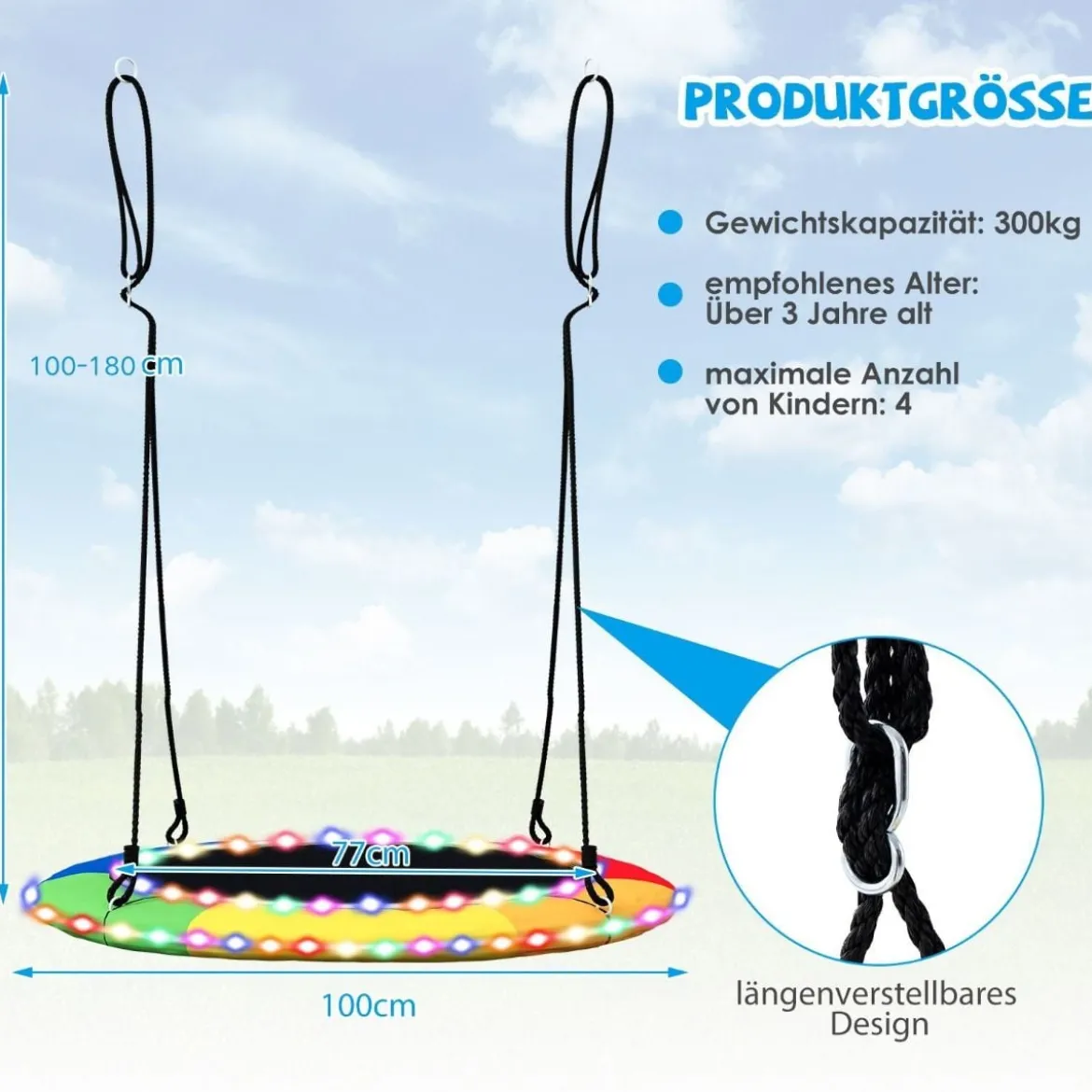 Untertassenschaukel mit 100 cm Durchmesser bis 300kg belastbar LED-Schaukel für Kinder & Erwachsene Regenbogenfarbe