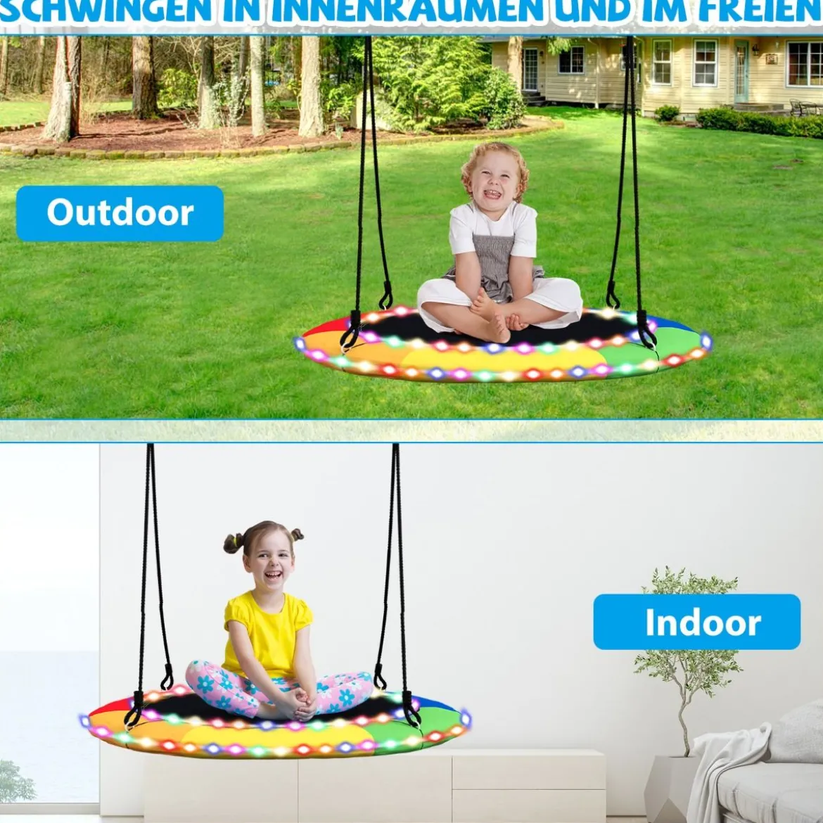 Untertassenschaukel mit 100 cm Durchmesser bis 300kg belastbar LED-Schaukel für Kinder & Erwachsene Regenbogenfarbe