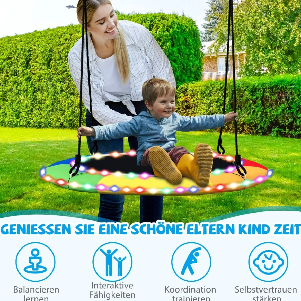 Untertassenschaukel mit 100 cm Durchmesser bis 300kg belastbar LED-Schaukel für Kinder & Erwachsene Regenbogenfarbe