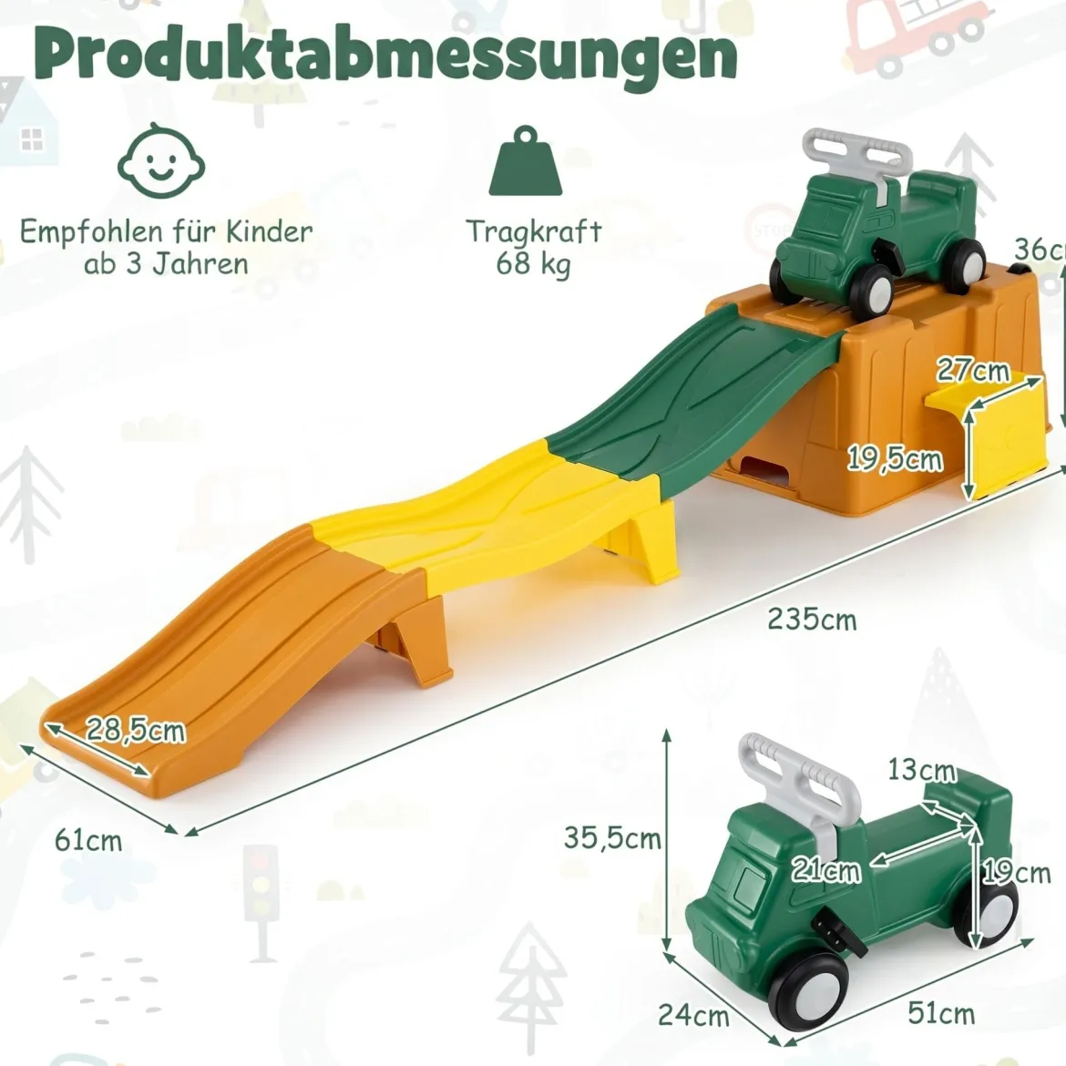 Up & Down Roller Coaster Erweiterbare Kinderachterbahn Grün + Gelb + Orange