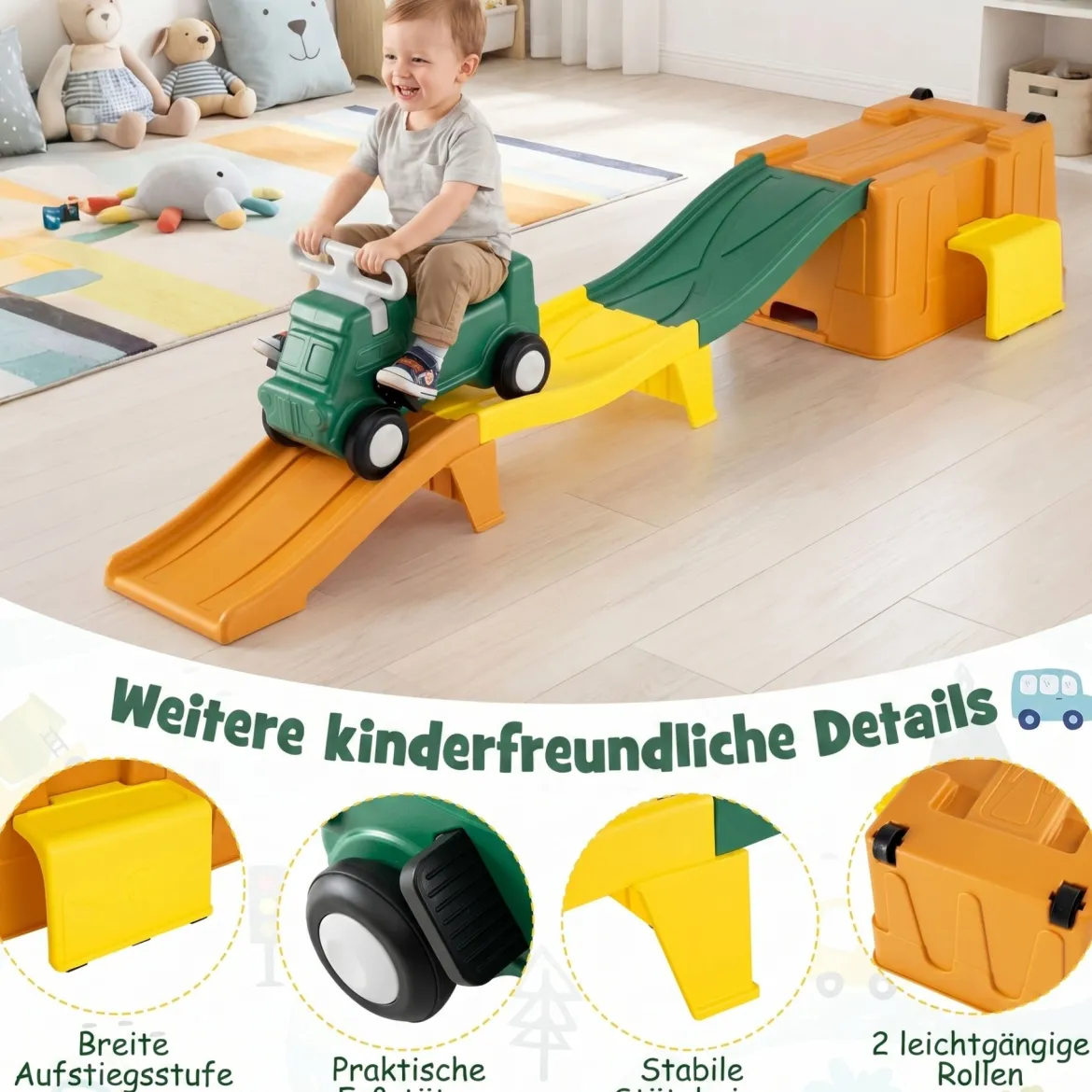 Up & Down Roller Coaster Erweiterbare Kinderachterbahn Grün + Gelb + Orange