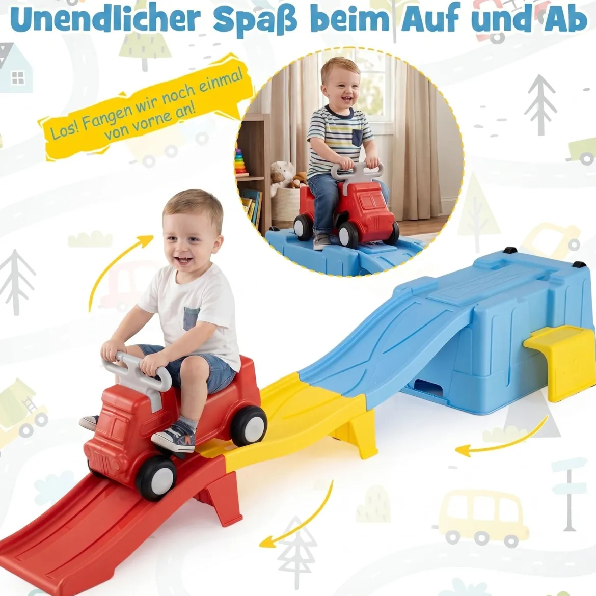 Up & Down Roller Coaster Erweiterbare Kinderachterbahn Blau + Gelb + Rot