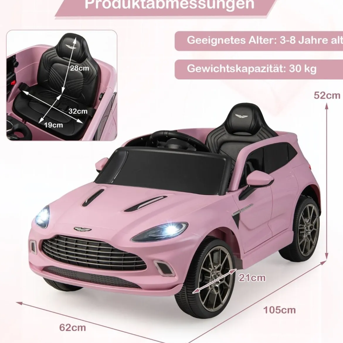 12V Aston Martin DBX Kinderauto mit 2,4G-Fernbedienung 1,4-2,5 km/h Rosa