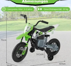 12V Elektro Kindermotorrad Elektromotorrad für Kinder mit abnehmbaren Stützrädern & Federung Elektro Motorrad Grün
