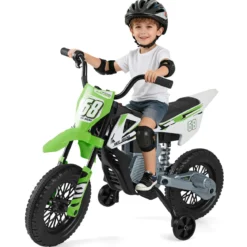 12V Elektro Kindermotorrad Elektromotorrad für Kinder mit abnehmbaren Stützrädern & Federung Elektro Motorrad Grün