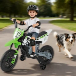 12V Elektro Kindermotorrad Elektromotorrad für Kinder mit abnehmbaren Stützrädern & Federung Elektro Motorrad Grün