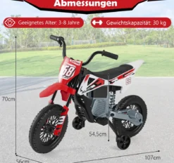 12V Elektro Kindermotorrad Elektromotorrad für Kinder mit abnehmbaren Stützrädern & Federung Elektro Motorrad Rot