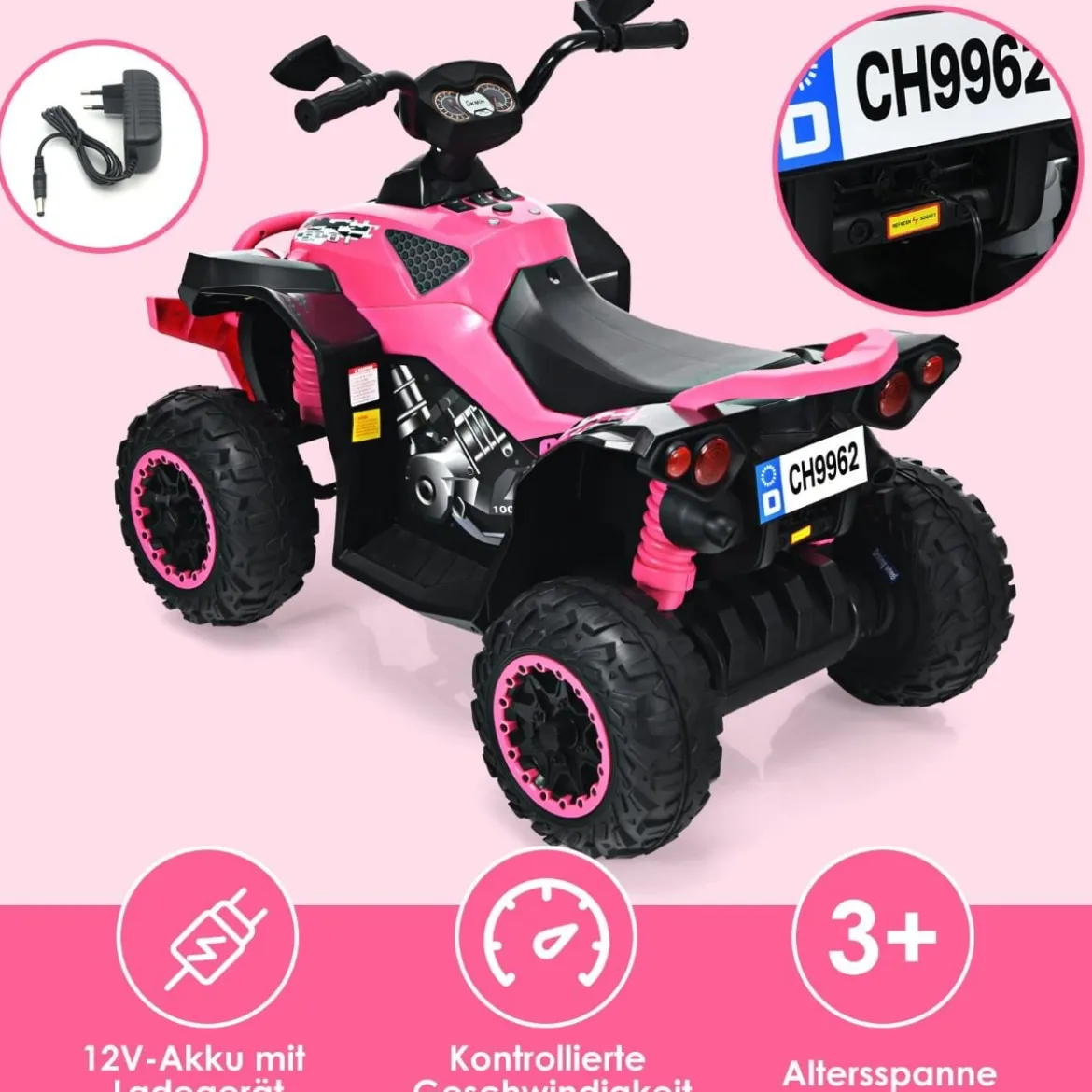 12V Elektro Kinderquad mit Musik Hupe und LED Scheinwerfer Elektroquad Rosa