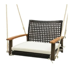Veranda-Schaukel aus Rattan einzelner Hängesitz aus Korbgeflecht mit Sitzkissen 81,5 x 70 x 53,5 cm