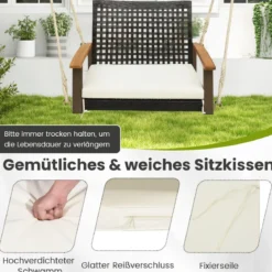 Veranda-Schaukel aus Rattan einzelner Hängesitz aus Korbgeflecht mit Sitzkissen 81,5 x 70 x 53,5 cm
