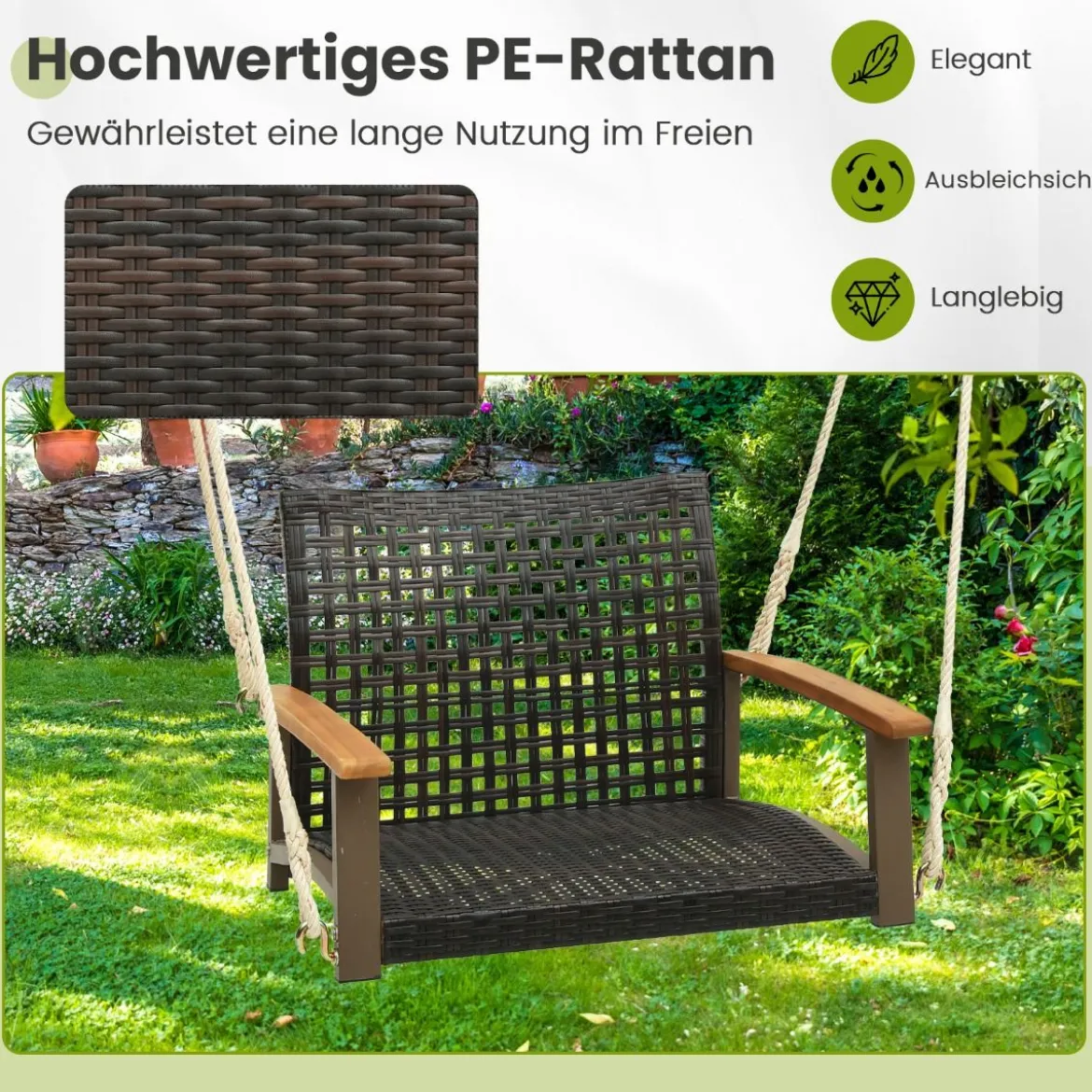 Veranda-Schaukel aus Rattan einzelner Hängesitz aus Korbgeflecht mit Sitzkissen 81,5 x 70 x 53,5 cm