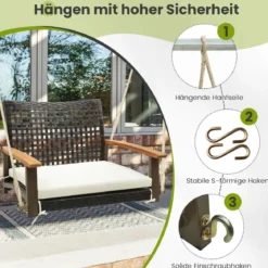 Veranda-Schaukel aus Rattan einzelner Hängesitz aus Korbgeflecht mit Sitzkissen 81,5 x 70 x 53,5 cm
