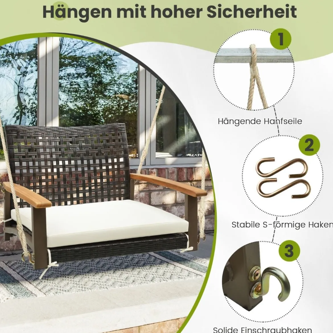 Veranda-Schaukel aus Rattan einzelner Hängesitz aus Korbgeflecht mit Sitzkissen 81,5 x 70 x 53,5 cm