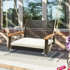 Veranda-Schaukel aus Rattan einzelner Hängesitz aus Korbgeflecht mit Sitzkissen 81,5 x 70 x 53,5 cm