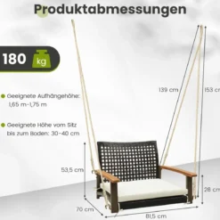 Veranda-Schaukel aus Rattan einzelner Hängesitz aus Korbgeflecht mit Sitzkissen 81,5 x 70 x 53,5 cm