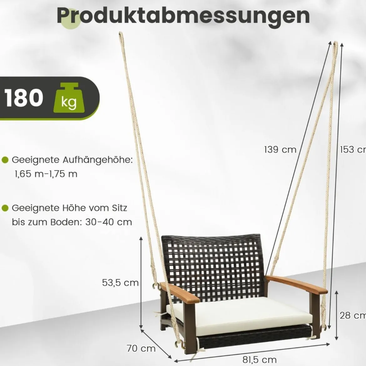 Veranda-Schaukel aus Rattan einzelner Hängesitz aus Korbgeflecht mit Sitzkissen 81,5 x 70 x 53,5 cm