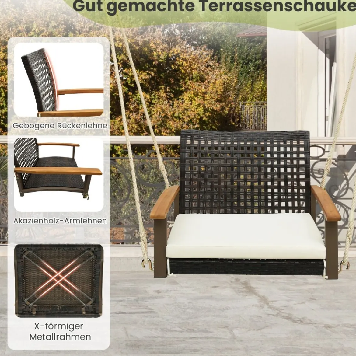 Veranda-Schaukel aus Rattan einzelner Hängesitz aus Korbgeflecht mit Sitzkissen 81,5 x 70 x 53,5 cm