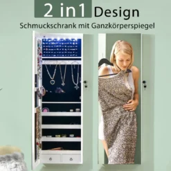Verspiegelter Schmuckschrank Abschließbar Wand- / Türmontage 36 x 10 x 108 cm Weiß