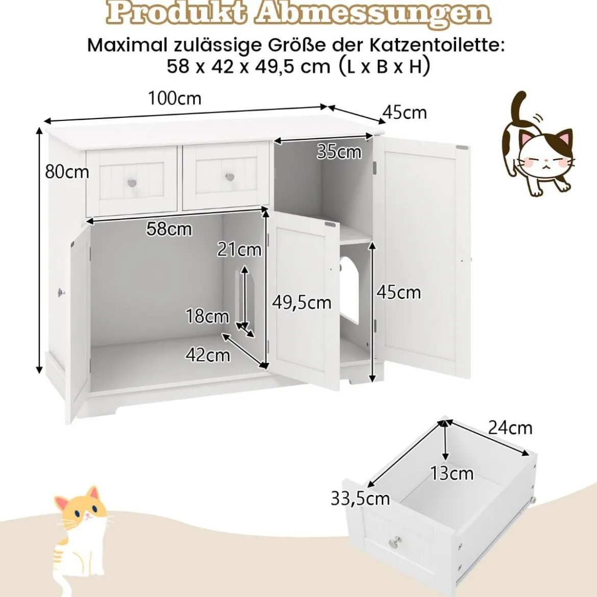 Versteck für die Katzentoilette mit 2 Schubladen & 3 Türen Holz Katzenschrank Katzenmöbel