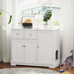 Versteck für die Katzentoilette mit 2 Schubladen & 3 Türen Holz Katzenschrank Katzenmöbel