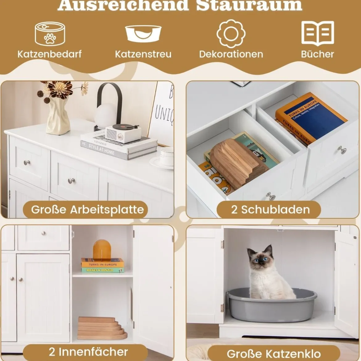 Versteck für die Katzentoilette mit 2 Schubladen & 3 Türen Holz Katzenschrank Katzenmöbel