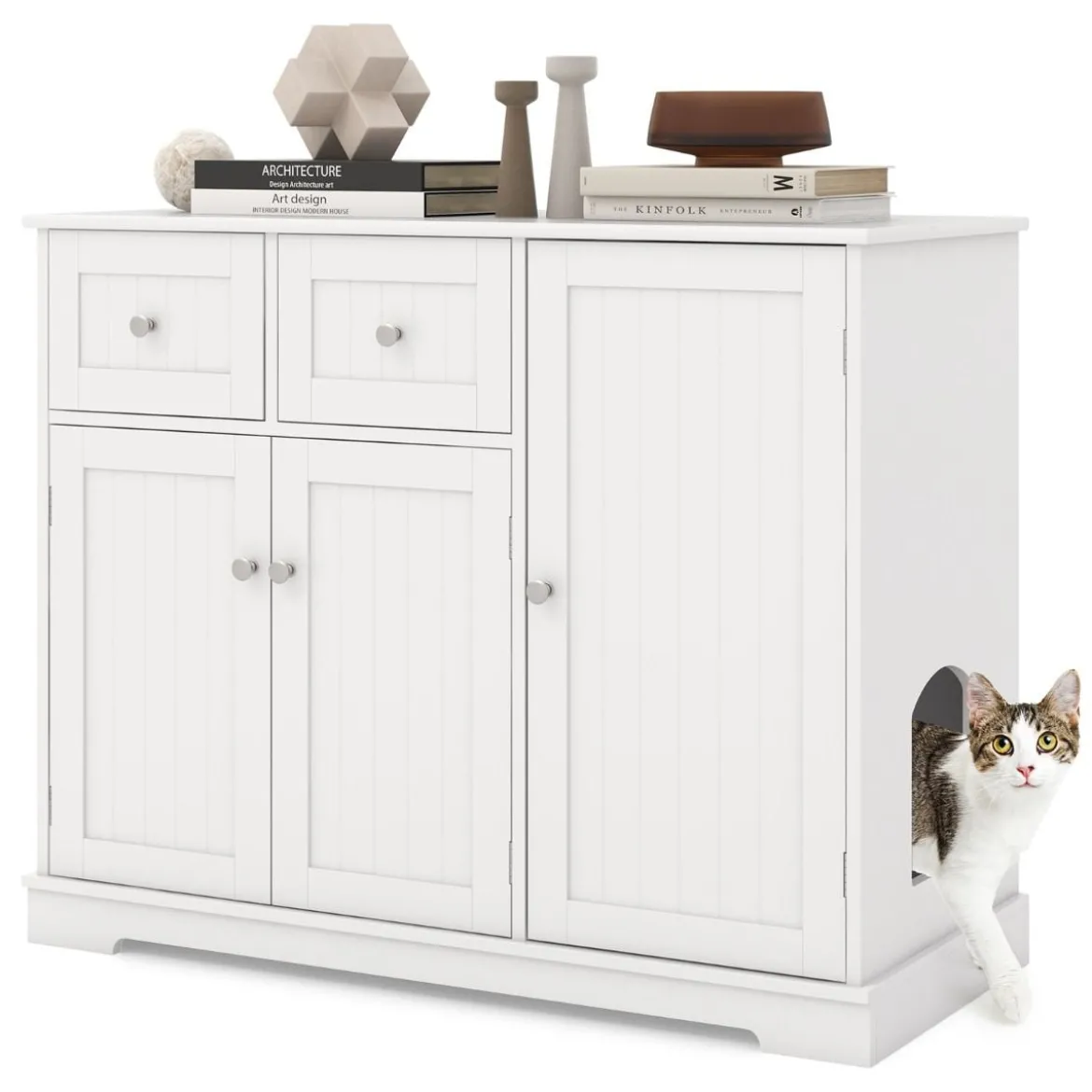 Versteck für die Katzentoilette mit 2 Schubladen & 3 Türen Holz Katzenschrank Katzenmöbel
