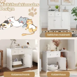 Versteck für die Katzentoilette mit 2 Schubladen & 3 Türen Holz Katzenschrank Katzenmöbel