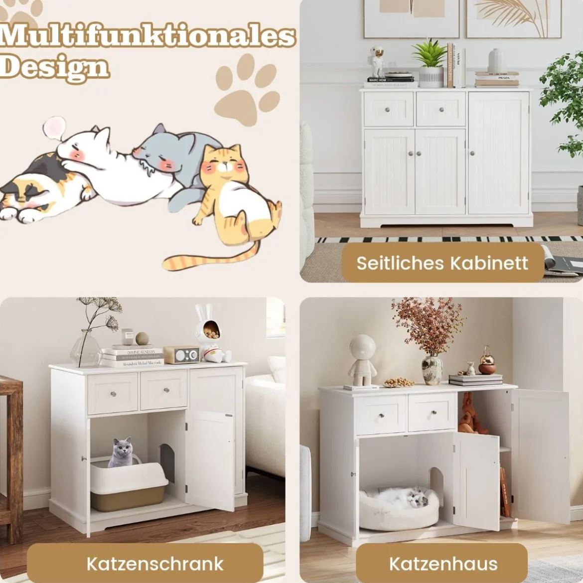 Versteck für die Katzentoilette mit 2 Schubladen & 3 Türen Holz Katzenschrank Katzenmöbel